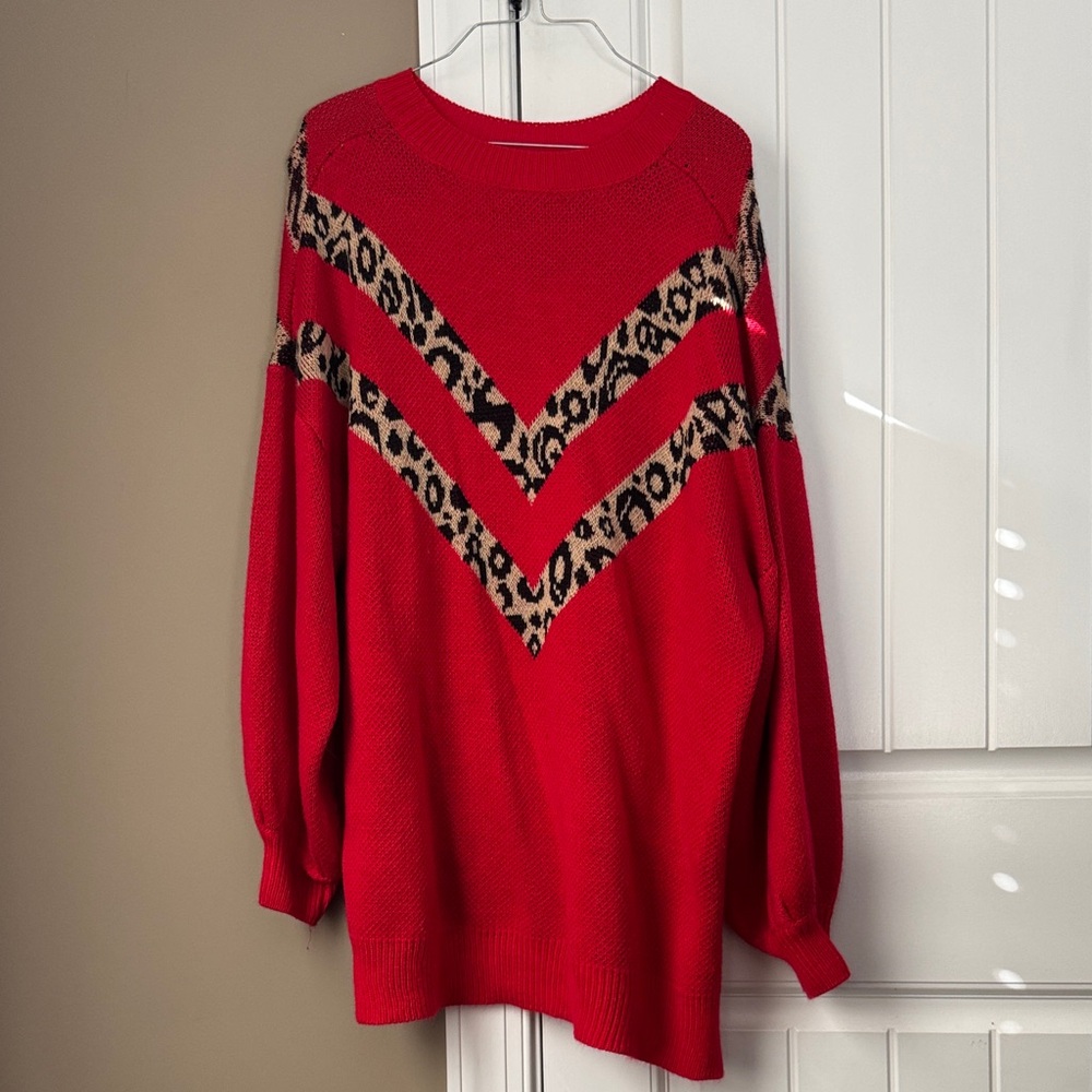 JODIFL Red Oversized Sweater with Leopard Accents Medium